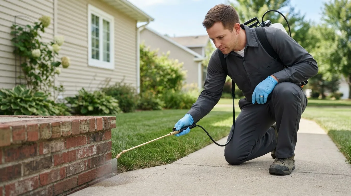 Pest control technician treating a home near Rocklake, ND